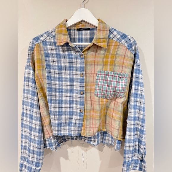 Papermoon Tops - Paper Moon Patchwork Plaid Cropped Flannel (Size M)